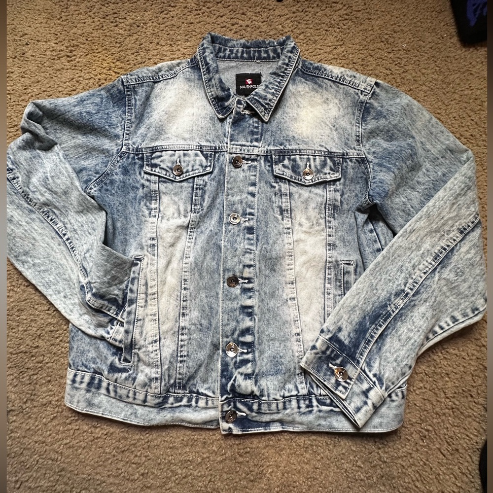 SOUTH POLE DENIM DISTRESSED LARGE UNISEX JACKET SILVER TITLE BUTTONS POCKETS